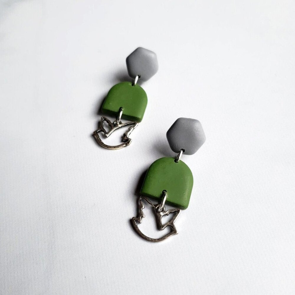 BRAND NEW! Gray + Green + Silver Bird Dangle Earrings | Polymer Clay Earrings
